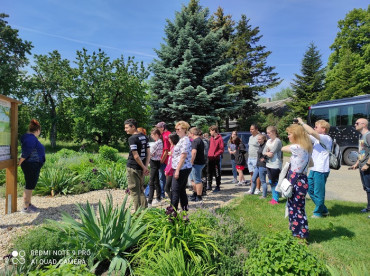 Visitors observing the flowers and plants at the  garden next to barefoot path.